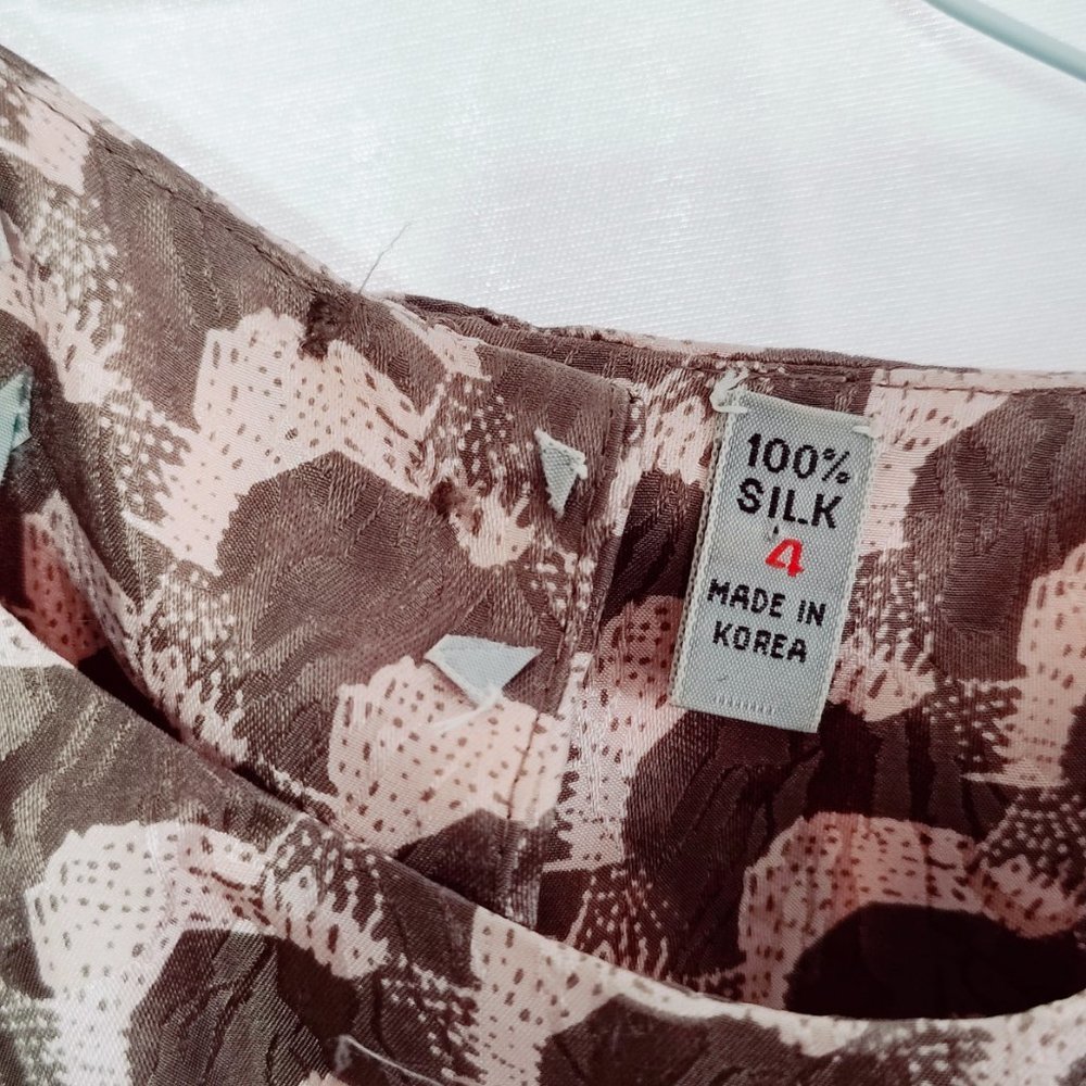 VTG 80s 90s 100% Silk Twist Front Midi Dress Scallop Brocade Brown Size 4 - Picture 8 of 15